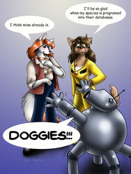 2001 3:4 anthro blush bowman&#039;s_wolf breasts brown_body brown_fur brown_hair canid canine canis code_name:_hunter domestic_dog english_text female florence_ambrose freefall_(webcomic) fur group hair helix_(freefall) lady_redpaw machine mammal orange_hair red_wolf robot ruby_pyrenees tail text white_body white_fur wolf