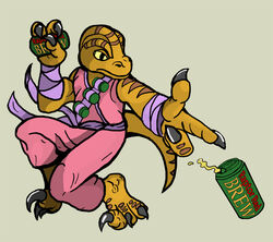 alcohol anthro beer beverage clothed clothing craftyandy dinosaur dromaeosaurid extinct food lizard male ninja pink_clothing prehistoric_species raptorred reptile scales scalie solo tail theropod velociraptor warrior