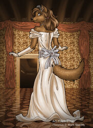 2004 anthony_sarkasuo anthro bowman&#039;s_wolf brown_hair canid canine canis clothing crown dress english_text female florence_ambrose freefall_(webcomic) gem hair headgear jewelry looking_at_viewer looking_back mammal necklace pearl_(gem) pearl_necklace red_wolf ribbons solo tail text wolf