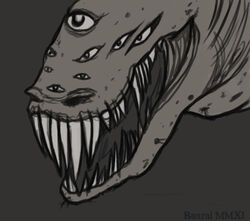 ambiguous_gender banrai fangs feral greyscale monochrome monster multi_eye nightmare_fuel scalie sketch solo teeth what_has_science_done