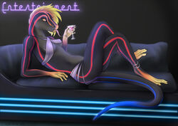 2011 alcohol anthro beverage blonde_hair blue-tailed_skink breasts clothed clothing cocktail digital_media_(artwork) eastern_red-headed_skink female furniture glowing hair halter_top holding_glass holding_object jewelry lizard martini neon_lights nightclub non-mammal_breasts orange_eyes reclining reptile samira scalie shaded skimpy skink sofa solo tail wrap_bra wyla