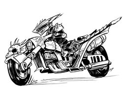 ambiguous_gender anthro armor black_and_white headgear helmet mammal monochrome motorcycle oniontrain sergal simple_background solo tail vehicle white_background