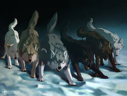 4:3 akreon ambiguous_gender black_body black_fur blue_eyes brown_body brown_eyes brown_fur canid canine canis fangs feral fur grey_body grey_fur group mammal off-white_(comic) quadruped snow tail teeth vesner wallpaper white_body white_fur wolf yellow_eyes