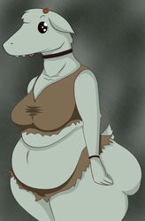 2011 anthro belly belly_overhang belly_rolls breasts clothing collar cutebold deloco49 dungeons_and_dragons dwarf_fortress fat_rolls female flower fur furred_kobold furred_scalie grey_body grey_fur hasbro kobold overweight overweight_anthro overweight_female plant reptile scalie simple_background solo tongue tongue_out wizards_of_the_coast