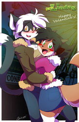 antelope anthro black_hair blush bottomwear bovid brown_body brown_fur chalo clothed clothing domestic_cat duo embrace english_text felid feline felis female fur gazelle green_eyes hair hope_(chalo) horn hug las_lindas mammal miles_lionheart multicolored_body multicolored_fur pants shirt skirt tail text topwear two_tone_body two_tone_fur white_body white_fur