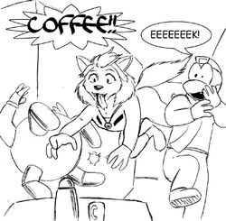 2004 anthony_sarkasuo anthro beverage black_and_white bowman&#039;s_wolf canid canine canis coffee female florence_ambrose food freefall_(webcomic) group helix_(freefall) machine male mammal monochrome red_wolf robot sam_starfall tail traditional_media_(artwork) wolf