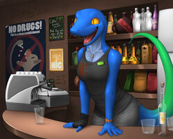 2010 alcohol ammunition anole anthro badge bar bartender beverage big_eyes blue_anole blue_body blue_skin bracelet breasts cash_register cheerful cleavage clothed clothing digital_media_(artwork) eliza_(vader-san) english_text fangs female fingerless_gloves food furgonomics glistening gloves handwear happy jewelry liquor lizard long_tail necklace non-mammal_breasts open_mouth open_smile orange_eyes poster pupils reptile scalie sharp_teeth shirt slit_pupils smile solo tail tail_clothing teeth text tongue topwear vader-san