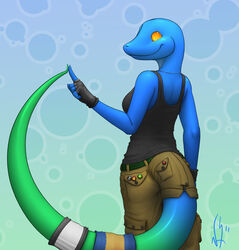 2011 abstract_background anole anthro biped blue_anole bottomwear breasts cargo_pants clothed clothing eliza_(vader-san) female fingerless_gloves furgonomic_bottomwear furgonomics gloves handwear lizard non-mammal_breasts pants rear_view reptile scalie smile solo standing tail tail_button_bottoms tail_clothing thick_tail vader-san