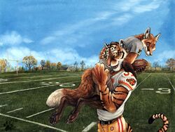 4:3 american_football anthro ball blotch canid canine chevali_firebirds clothed clothing cloud cuddling detailed_background devlin_miski duo felid fox fully_clothed gridiron_ball hi_res hindpaw holding_ball holding_object interspecies kyell_gold love male male/male mammal out_of_position outside pantherine paws romantic romantic_couple sky sport tail tiger wallpaper wiley_farrel