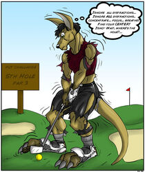 3_toes anthro ball biped black-rat black_hair black_nose bottomwear claws clothed clothing day english_text feet flag flag_(object) footwear fur gloves golf golf_ball golf_club golf_course grass green_eyes hair handwear hindpaw holding_golf_club holding_object inner_monologue iron_(golf) kangaroo legwear long_ears looking_down macropod male mammal marsupial midriff motion_lines motion_outline muscular muscular_anthro muscular_male number outside pants paws plant planted_sign playing_sport rank repeated_internal_monologue repeated_text sand shaking shirt shoes short_hair sign signpost sky socks solo sport standing tail tan_body tan_fur text thought_bubble toes topwear torn_clothing transformation trembling wood wood_sign