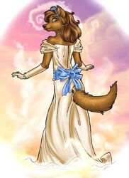 2004 anthony_sarkasuo anthro bowman&#039;s_wolf brown_hair canid canine canis clothing crown dress female florence_ambrose freefall_(webcomic) gem hair headgear jewelry looking_at_viewer looking_back mammal necklace pearl_(gem) pearl_necklace red_wolf ribbons solo tail wolf