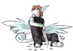 2011 anthro biped black_clothing blue_markings bottomwear brown_hair candy clothed clothing dessert feathered_wings feathers fluffy food fully_clothed gift hair highlights_(coloring) hindpaw kyuushi lollipop looking_away male markings pants paws red_eyes sitting solo tail unknown_species wings zipperface