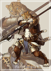 4_toes 5_fingers abs afd-yred anthro armor bare_chest belt black_body black_fur blue_eyes border bottomwear claws clothed clothing crossed_arms digitigrade feet felid fingers full-length_portrait fur gladiator greaves headgear helmet holding_melee_weapon holding_object holding_sword holding_weapon kouta leather leopard leopard_spots loincloth looking_at_viewer male mammal melee_weapon muscular muscular_anthro muscular_male navel open_clothing orange_body orange_fur outside_border pantherine partially_clothed pixiv_fantasia plate_armor polearm portrait sheathed_weapon solo spear spots sword tail text toes topwear vambrace vest warrior weapon whiskers white_body white_fur zoom_layer