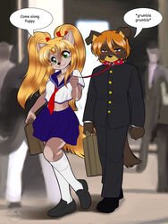 abluedeer anthro asian_clothing blonde_hair blush bondage brown_hair canid canine clothing collar dialogue digital_media_(artwork) duo_focus east_asian_clothing english_text felid female group hair hi_res japanese_clothing japanese_school_uniform kingofkof leash male mammal maya_(skimike) miles_(kingofkof) petplay puppyplay roleplay school school_uniform serafuku tail text uniform url walking