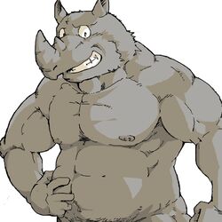 1:1 anthro artdecade fur grey_body grey_fur hand_on_belly horn looking_at_viewer male mammal muscular muscular_anthro muscular_male nipples nude rhinoceros simple_background smile solo white_background