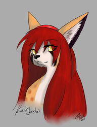 2010 anthro bust_portrait cheetah felid feline female fur grey_background hair kami_cheetah_(aja_williams) kyuushi long_hair looking_at_viewer mammal no_pupils portrait red_hair simple_background snout solo spots white_body white_fur yellow_eyes