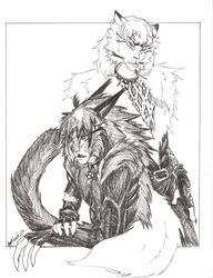 absurd_res border cats_(musical) clothing collar collar_tag domestic_cat duo felid feline felis fingerless_gloves fur_trim_(clothing) gloves handwear hi_res irish irishneko male mammal rocker rum_tum_tugger sketch spiked_collar spikes tail the_great_rumpus_cat white_border