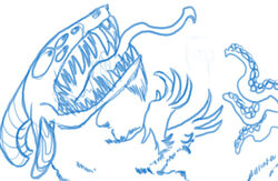 ambiguous_gender anthro banrai banrai_(character) blue_and_white fuzzy monochrome monster multi_eye nightmare_fuel sharp_teeth simple_background sketch solo teeth tentacle tongue what_has_science_done white_background