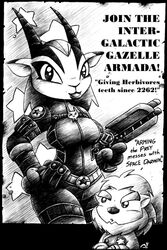 antelope anthro army bovid breasts clothing drake_fenwick duo english_text fantasy felid female front_view futuristic gazelle gun holding_object holding_weapon humor lion mammal military monochrome pantherine poster poster_template propaganda ranged_weapon recruitment_poster space spandex text tight_clothing weapon