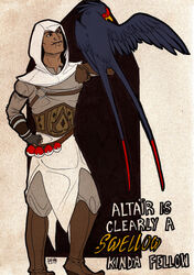 altair_ibn-la&#039;ahad armor assassin assassin&#039;s_creed avian beak belt boots brown_body brown_skin clothed clothing crossover duo english_text feathered_wings feathers feral footwear fully_clothed generation_3_pokemon gloves hand_on_hip handwear hood human looking_at_another lupie_stardust male mammal medieval nintendo nude outline perched pokeball pokemon pokemon_(species) scar size_difference standard_pokeball standing swellow tail tail_feathers text ubisoft wings