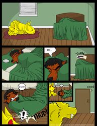 anthro bed blockage_(layout) canid canine clenched_teeth clicking closed_eyes comic concern_for_another contact_onomatopoeia contextual_arrow crocdragon89 dialogue different_sound_effects digital_media_(artwork) directional_arrow duo ellipsis english_text exclamation_point falling fangs furniture grunting horizontal_blockage horizontal_staggering impact_onomatopoeia jason_takayama male mammal motion_arrow motion_onomatopoeia on_bed onomatopoeia rotational_sound_effect seven_frame_image sleeping snoring sound_effects speech_bubble staggering_(layout) tail teeth text thud under_covers vowelless vowelless_vocalization waking_up worried