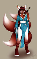 anthro asian_clothing biped canid canine catsune clothed clothing domestic_cat east_asian_clothing felid feline felis female fox heterochromia hi_res hybrid japanese_clothing katana kitsucat looking_at_viewer magpie_(artist) mammal melee_weapon multi_tail obi sakiko slit_dress solo standing sword tail weapon