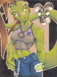 abs anthro bottomwear brown_hair clothed clothing denim denim_bottomwear denim_clothing female hair iguana iguanid jeans lagomorph leporid lizard lizardbeth lizardbeth_(character) mammal midriff muscular muscular_female pants plushie rabbit reptile scalie solo sub-tympanic_shield tail