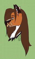 2010 anthro band-aid bandage brown_hair canid canine female fur hair horn kyuushi long_hair mammal maned_wolf muzzle_(object) muzzled orange_body orange_fur scales side_view solo