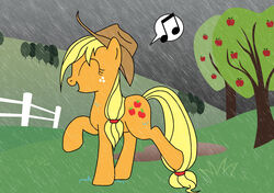 apple applejack_(mlp) clothing earth_pony equid equine female fence feral food friendship_is_magic fruit hasbro hat headgear headwear horse mammal moabite musical_note my_little_pony outside plant pony quadruped raining singing solo tail tree wood