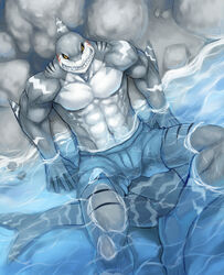 abs anthro barazoku biceps big_muscles biped black_sclera bottomwear clothed clothing fish fully_submerged_hands fully_submerged_tail gills great_white_shark grin half_submerged hands_in_water jaws knees_out_of_water kogawa_kenji legs_out_of_water looking_at_viewer mackerel_shark male marine markings muscular muscular_anthro muscular_male partially_submerged pecs reclining shark sharp_teeth shorts sitting smile solo spread_legs spreading stripes submerged_hands submerged_legs submerged_tail tail teeth topless water white_shark yellow_eyes