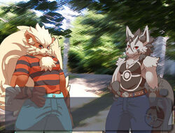 anthro anthrofied arcanine arm_tuft belt biri bottomwear canid canine chest_tuft clothed clothing day duo fully_clothed fur generation_1_pokemon generation_3_pokemon gloves_(marking) grey_body grey_fur hand_on_hip inner_ear_fluff male mammal markings mightyena muscular muscular_male nintendo orange_body orange_fur outside pants pokemon pokemon_(species) pokemorph red_eyes riot41 shirt shoulder_tuft standing t-shirt tail tank_top text_box topwear tuft