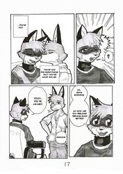 aiden_harris anthro canid canine closet_coon colin_young comic dialogue dreke english_text fox greyscale kissing male male/male mammal monochrome procyonid raccoon text