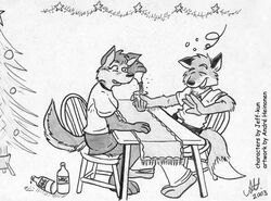 2003 andre_heinonen anthro becky_mooney canid canine canis christmas closet_coon colin_young drunk duo eggnog female fox greyscale holidays line_art male mammal monochrome substance_intoxication tail wolf