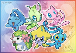 abstract_background ambiguous_gender aminako back_plant back_shrub celebi chibi chibifur daww elemental_creature feral flora_fauna flower flower_(anatomy) generation_1_pokemon generation_2_pokemon generation_3_pokemon generation_4_pokemon group head_flower humanoid jirachi land_forme_shaymin legendary_duo legendary_pokemon manaphy mew_(pokemon) nintendo phione plant pokemon pokemon_(species) sea_guardians shaymin simple_background tail unknown_artist