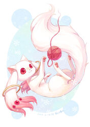 2011 :3 ball_of_yarn fluffy hindpaw incubator_(puella_magi) kyuubee long_ears long_tail male pawpads paws playing_with_yarn puella_magi puella_magi_madoka_magica red_eyes ring simple_background solo suan-cat tail white_background yarn