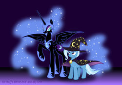 alicorn armor black_body black_feathers cape clothing cutie_mark duo equid equine feathered_wings feathers female feral friendship_is_magic hasbro hat headgear headwear horn mammal my_little_pony mythological_creature mythological_equine mythology nightmare_moon_(mlp) purple_background quadruped simple_background size_difference standing star tail trixie_(mlp) wings wizard_hat yamino