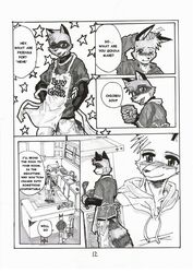 aiden_harris anthro bottomwear canid canine cargo_pants closet_coon clothing colin_young comic dialogue dreke english_text fox greyscale male mammal monochrome pants procyonid raccoon tail text