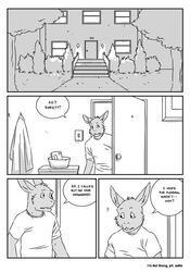 2006 anthro artdecade black_and_white building clothing comic dialogue door doorknob english_text grass greyscale house jacket lagomorph lamp leporid letter light_switch male mammal monochrome plant rabbit shirt shrub stairs text topwear tree window wood