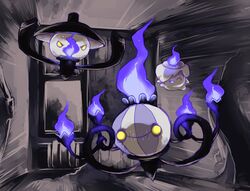 ambiguous_gender candle chandelure digital_media_(artwork) digital_painting_(artwork) fire generation_5_pokemon group lamp lampent lantern litwick nintendo pokemon pokemon_(species) restricted_palette shadow th07