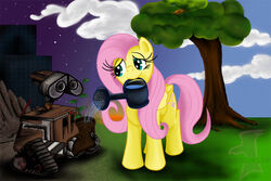 blue_eyes cloud crossover disney duo equid equine feathered_wings feathers female feral fluttershy_(mlp) friendship_is_magic hair hasbro james_corck mammal my_little_pony mythological_creature mythological_equine mythology pegasus pink_hair pixar plant quadruped tail tree wall-e wall-e_(character) waste_allocation_load_lifter_earth-class watering_can wings wood yellow_body yellow_feathers