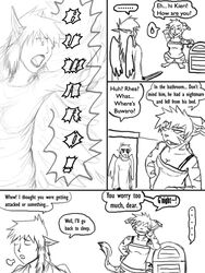 3:4 angel anthro black_and_white buwaro_elexion clothed clothing comic demon dialogue english_text female jakkai kieri_suizahn male monochrome rhea_snaketail simple_background slightly_damned tail text white_background yellowpower