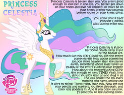 absurd_res alicorn cutie_mark english_text equid equine feathered_wings feathers female feral friendship_is_magic hasbro hi_res horn mammal my_little_pony mythological_creature mythological_equine mythology princess_celestia_(mlp) profanity quadruped solo tail text tygerbug white_body white_feathers wings