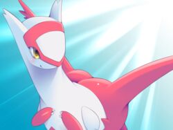 4:3 blush female feral generation_3_pokemon latias legendary_pokemon light looking_away nintendo pokemon pokemon_(species) smile solo yagitori yellow_eyes