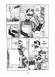 aiden_harris anthro closet_coon comic dialogue dreke english_text greyscale male mammal monochrome procyonid raccoon tail text