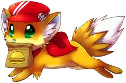 2011 alpha_channel ambiguous_gender bag canid canine chibi clothing digital_media_(artwork) dipstick_tail feral fox fur green_eyes hat headgear headwear inner_ear_fluff low_res mammal markings mouth_hold multicolored_tail nintendo pedometer pokemon pokewalker shaded simple_background skeleion solo tail tail_markings transparent_background tuft