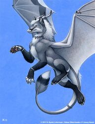 2011 blue_background dragon female feral flying fur furred_dragon furred_scalie horn kyoht_luterman membrane_(anatomy) membranous_wings mythological_creature mythological_scalie mythology scalie sidian_(character) simple_background solo tail wings