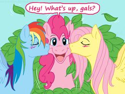 2011 4:3 blue_body blue_eyes blue_feathers blue_fur blush cartoonlion closed_eyes dialogue digital_media_(artwork) earth_pony english_text equid equine feathered_wings feathers female female/female feral fluttershy_(mlp) friendship_is_magic fur group group_kissing hair hasbro horse kissing kissing_cheek leaf mammal meme multicolored_hair my_little_pony mythological_creature mythological_equine mythology pegasus pink_body pink_fur pink_hair pinkie_pie_(mlp) plant pony rainbow_dash_(mlp) rainbow_hair shrub text walk-in wings yellow_body yellow_feathers