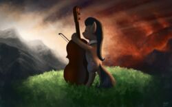 16:10 2011 black_hair bow_(stringed_instrument) bowed_string_instrument cello cutie_mark detailed_background earth_pony equid equine female feral friendship_is_magic grey_body hair hasbro hi_res high_place horse light light_beam mammal moe_(artist) mountain music musical_instrument my_little_pony octavia_(mlp) outcrop outside pony sky solo string_instrument sunbeam sunlight sunrise tail wallpaper widescreen