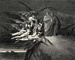 1861 19th_century ancient_art ass black_and_white clothed clothing dante_alighieri demon divine_comedy engraving flying formal_art fully_clothed group gustave_dore hatching_(art) hell hi_res holding_object holding_weapon human inferno_(divine_comedy) large_group male mammal melee_weapon membrane_(anatomy) membranous_wings monochrome nude outside polearm shaded side_view standing tail virgil_(dante&#039;s_inferno) weapon wings