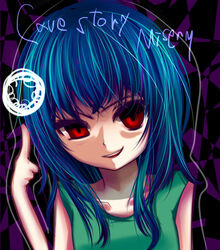 abstract_background blue_hair cave_story cool_colors female hair human looking_at_viewer magic_user mammal misery_(cave_story) not_furry red_eyes simple_background smile solo yunako